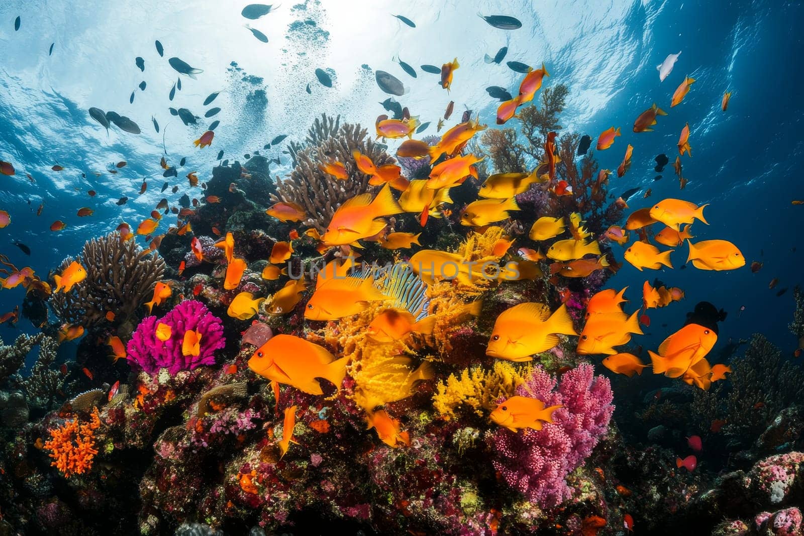 Diverse and colorful coral reef ecosystem teeming with tropical fish and vibrant marine life.