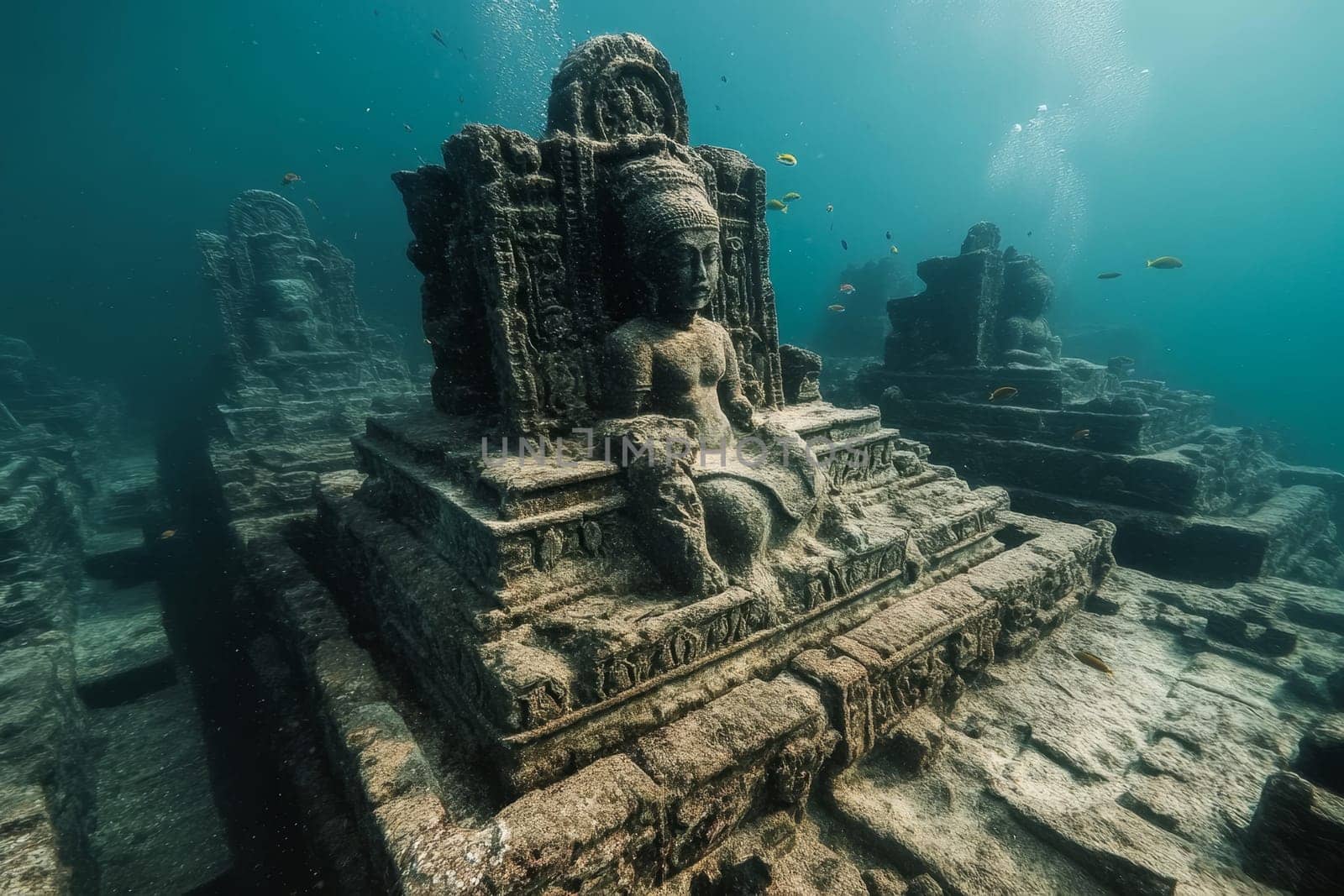 Submerged ancient stone statue with intricate carvings surrounded by underwater ruins in clear turquoise water.