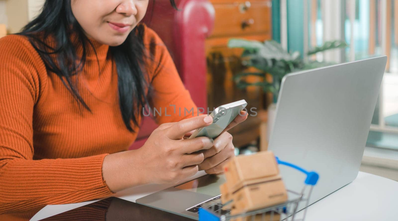 Asia women working business SME online at home her checking order from smartphone  for customer and online delivery for ready packing, Checking orders from customers with digital laptop.
