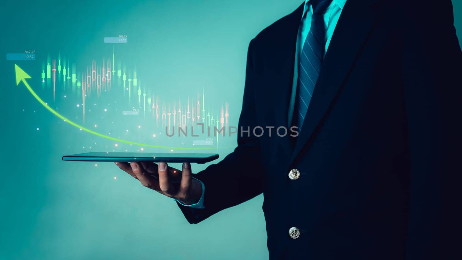 Stock market, Business growth, progress or success concept. Businessman or trader is showing a growing virtual hologram stock, invest in trading.
