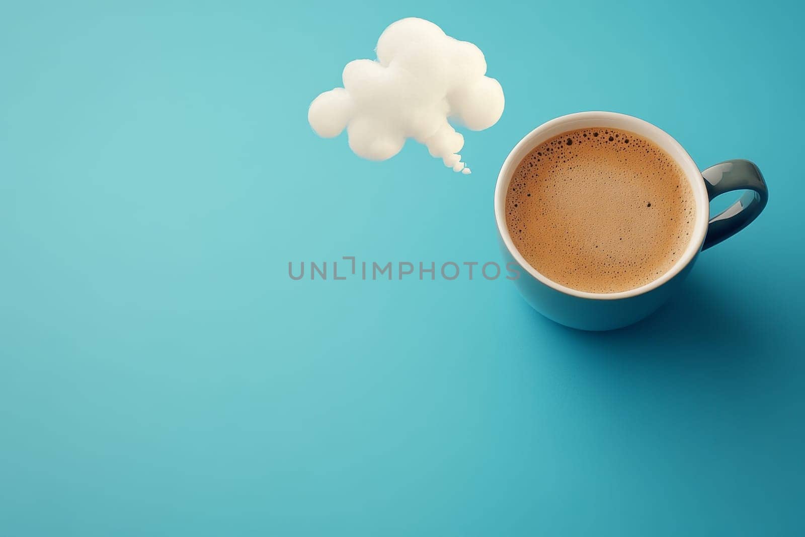 Blue coffee mug with frothy surface, white cloud-shaped thought bubble above on teal backdrop.