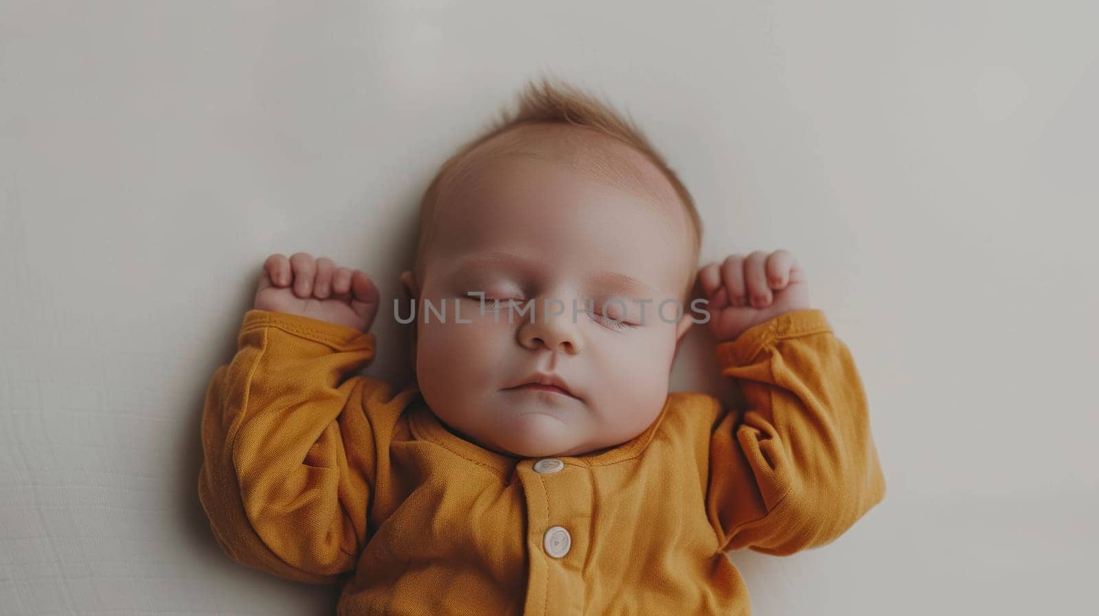 Newborn baby in deep sleep, dressed in a mustard yellow onesie against a soft white background