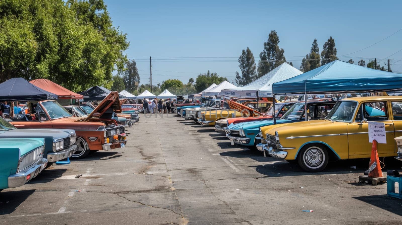 Vintage cars with open hoods displayed at an outdoor exhibition under blue tents