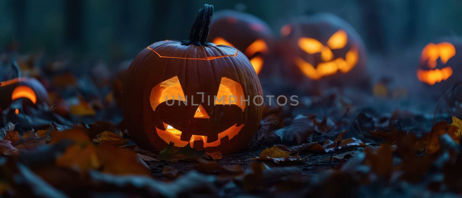 Carved pumpkins emit warm light, surrounded by autumn leaves in a misty forest, creating a spooky Halloween atmosphere.