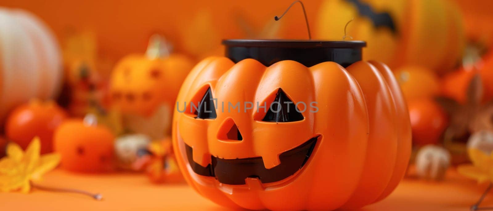 A carved pumpkin with a friendly grin sits among colorful autumn decorations and small pumpkins, creating a festive atmosphere for Halloween.