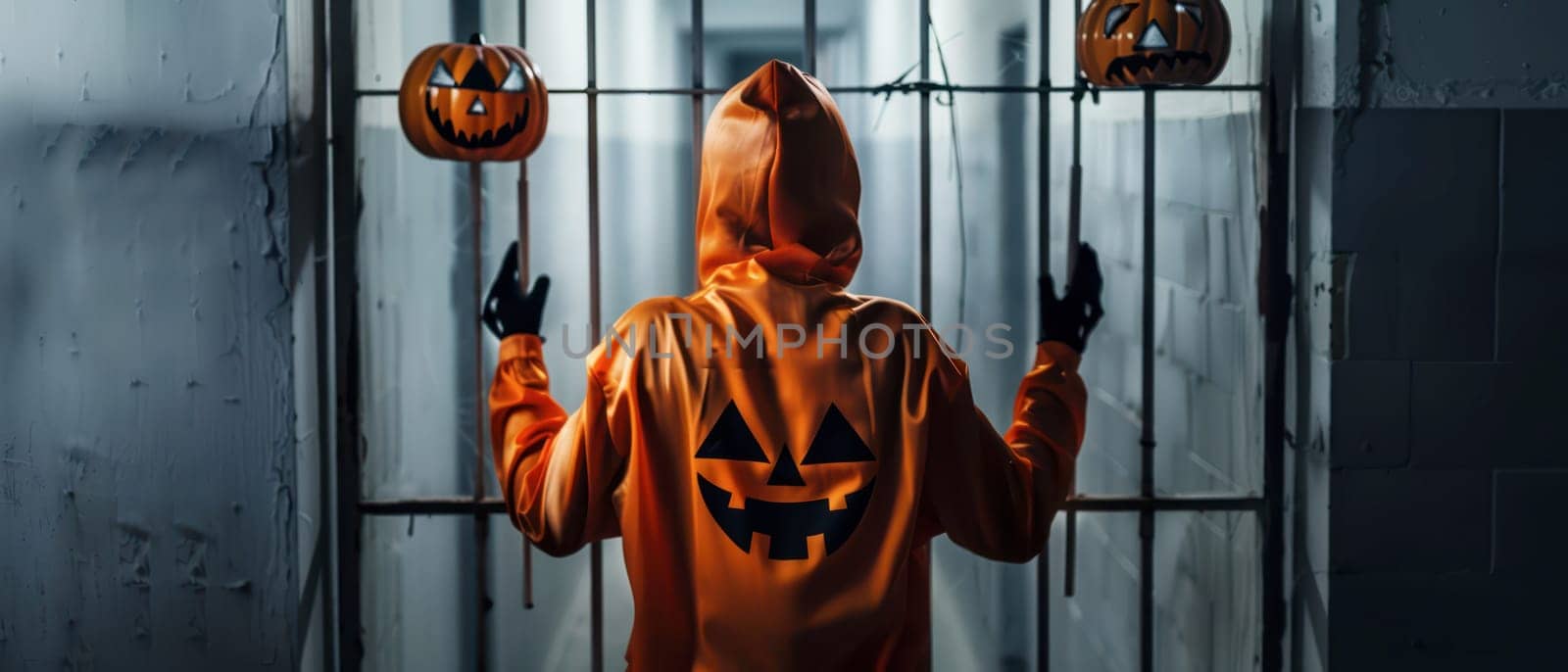 A figure in an orange hoodie faces jack-o'-lantern decorations hanging in a dark hallway, capturing the eerie vibe of Halloween night.