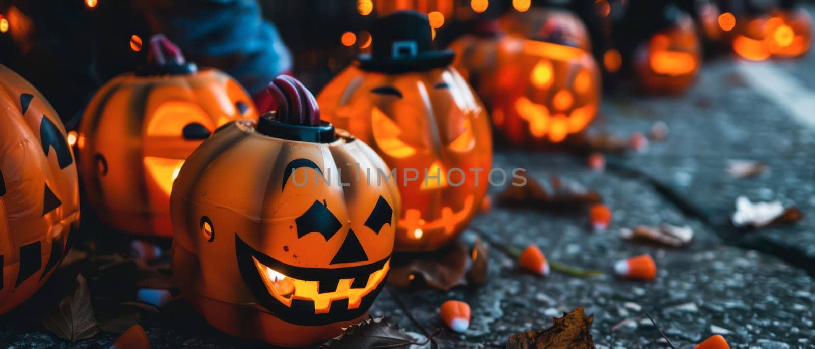 Pumpkins with carved faces and glowing lights are placed along a cobblestone path, creating a festive atmosphere for Halloween celebrations.