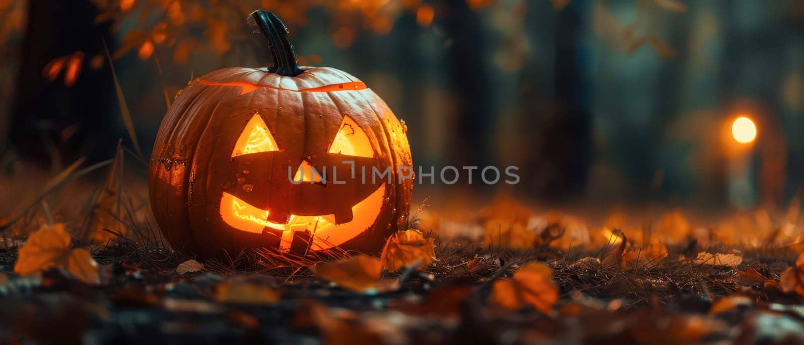 A carved pumpkin with a smile illuminates a forest clearing, surrounded by fallen leaves during the early evening.