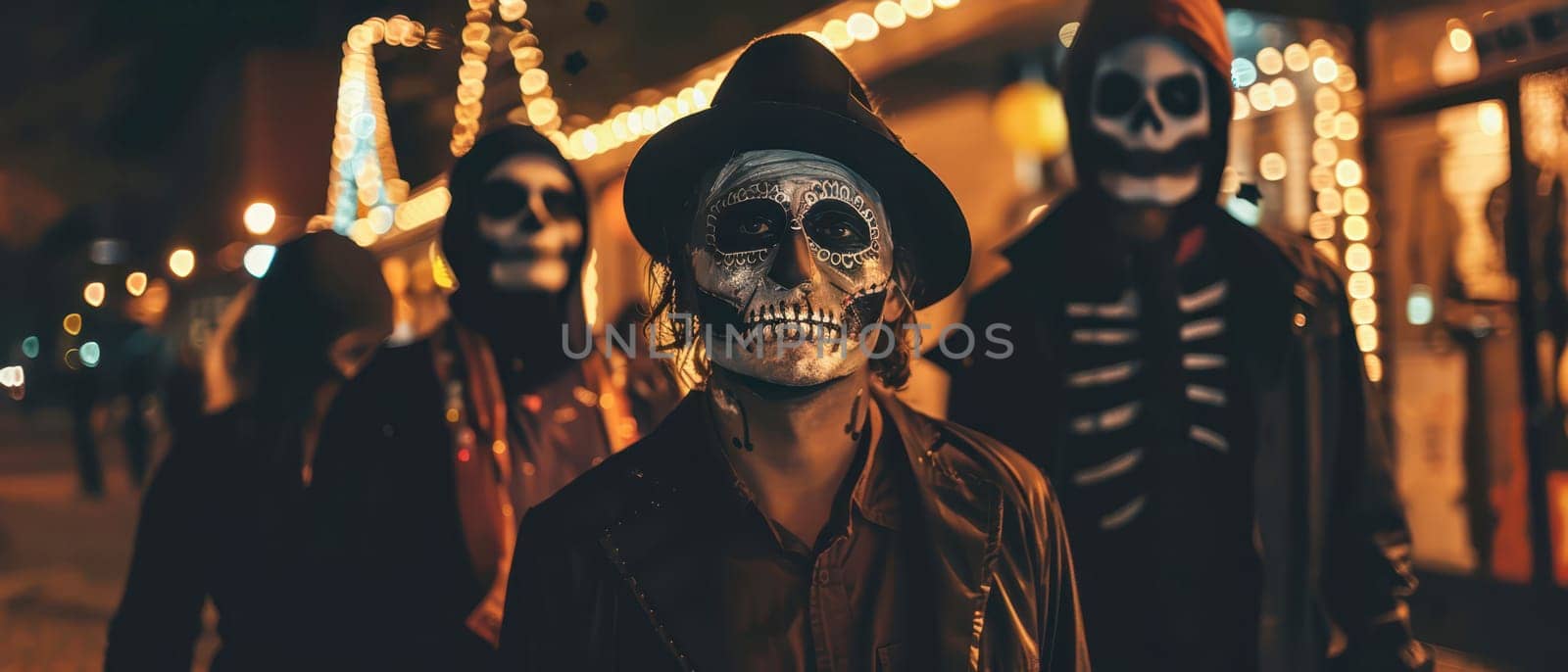 A group of individuals wearing decorative skull masks strolls through a brightly lit street adorned with festive lights at night.