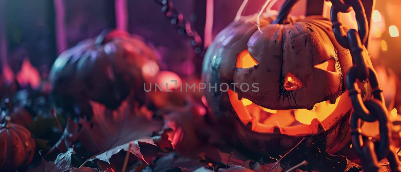 The glowing faces of carved pumpkins shine among autumn leaves, creating a festive Halloween atmosphere.