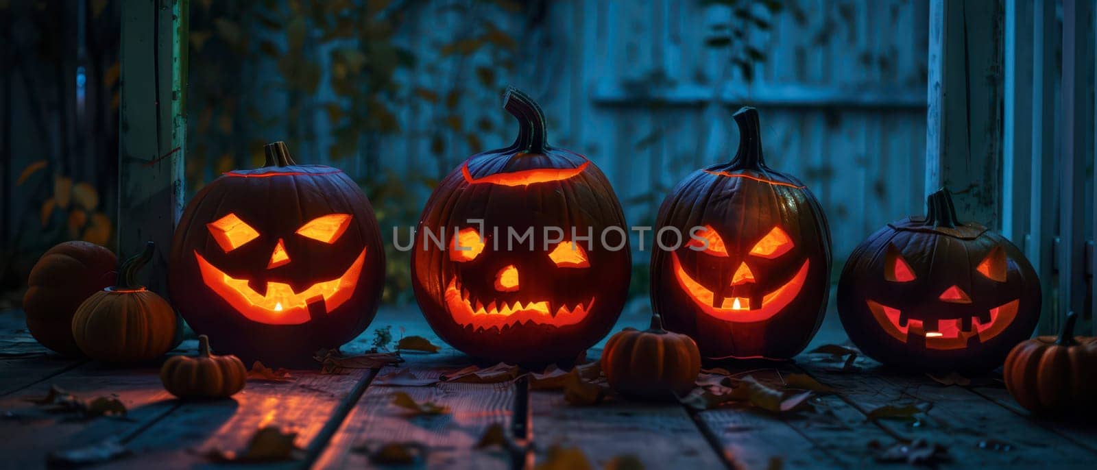 Carved pumpkins with various faces illuminate a wooden deck, surrounded by fallen leaves on a crisp Halloween evening.