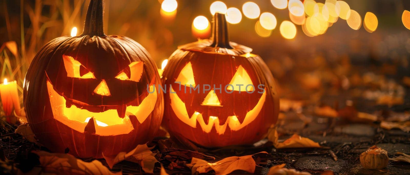 Two carved pumpkins emit a warm glow amidst autumn leaves and street lights during a festive celebration.