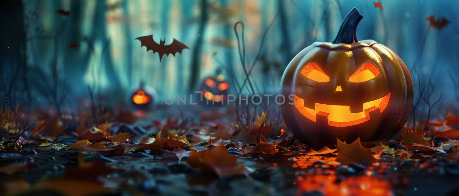 Jack-o'-lanterns illuminate the forest floor, surrounded by fallen leaves and a haunting mist, creating a spooky atmosphere for Halloween night.