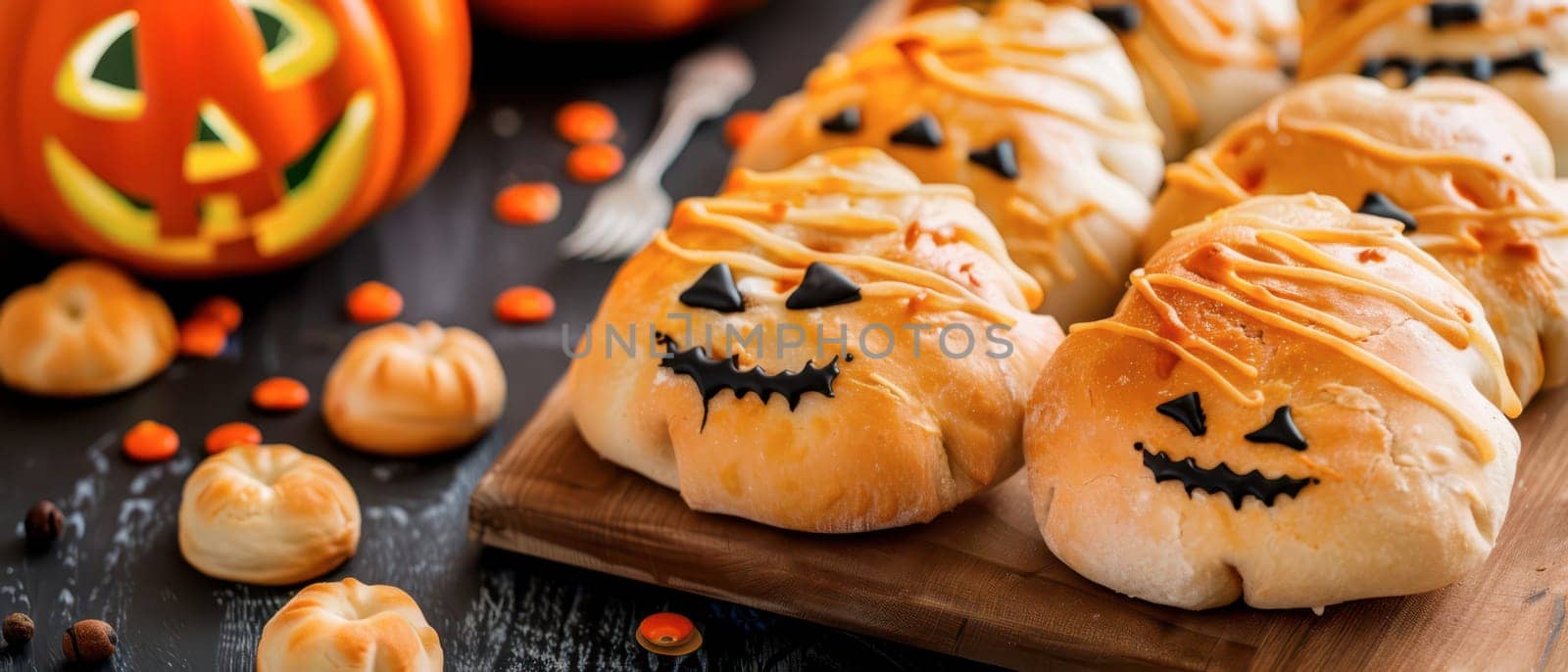 Delicious pumpkin-shaped bread rolls with creative icing decorations sit on a wooden board alongside Halloween-themed items.
