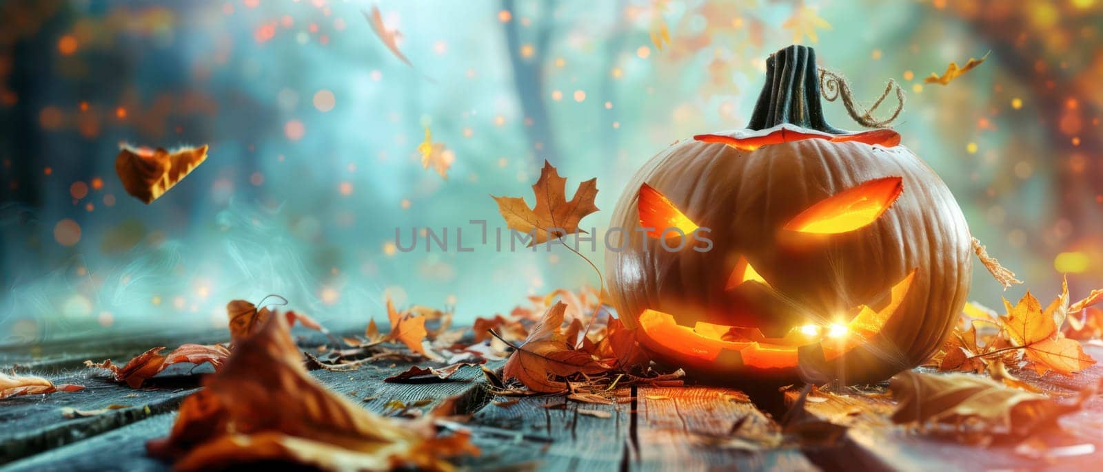 A carved pumpkin glows with a mischievous face, set among colorful autumn leaves as dusk falls, creating a festive Halloween atmosphere.