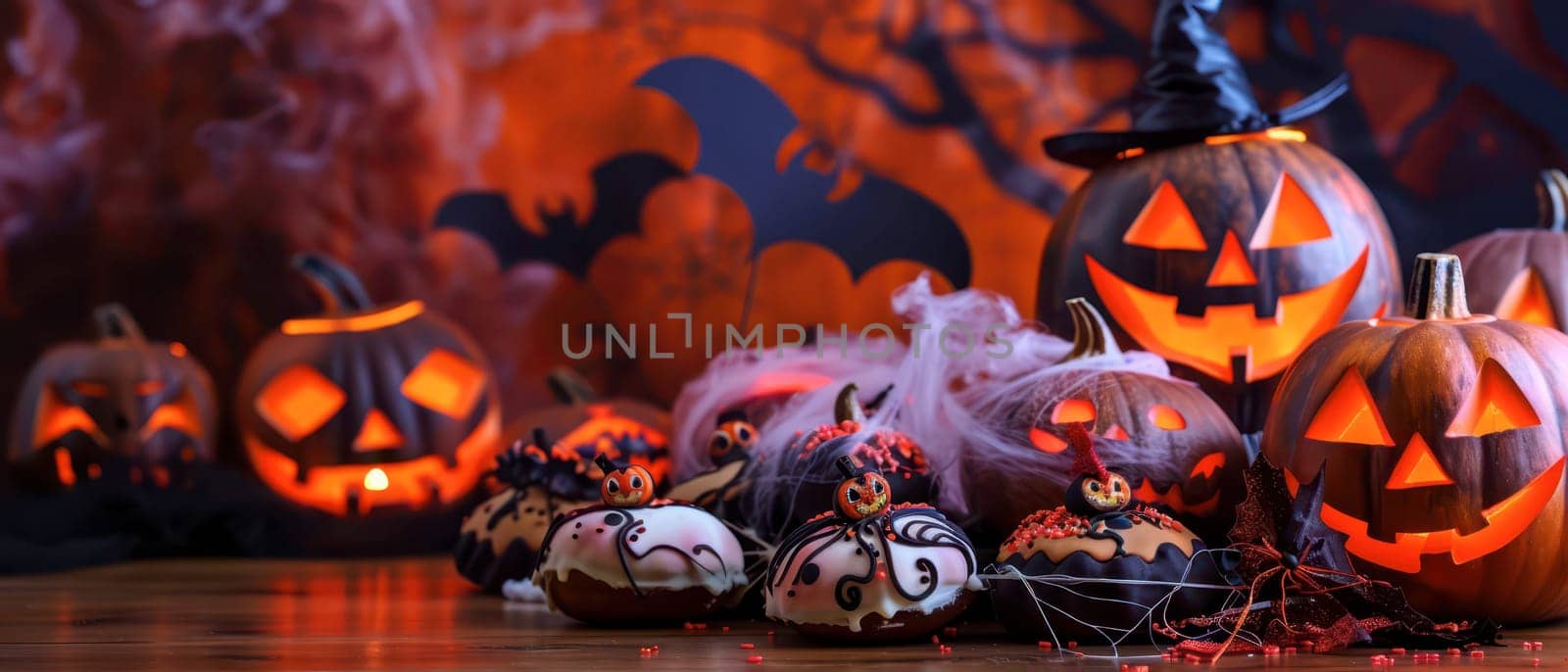 A collection of glowing Jack-o'-lanterns accompanied by spooky dessert treats on a decorative table for Halloween celebrations.