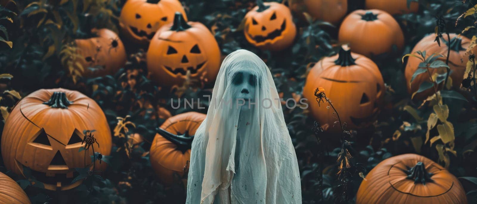 A spectral figure draped in white stands amidst carved jack-o'-lanterns, capturing the eerie essence of Halloween in a pumpkin-filled landscape.