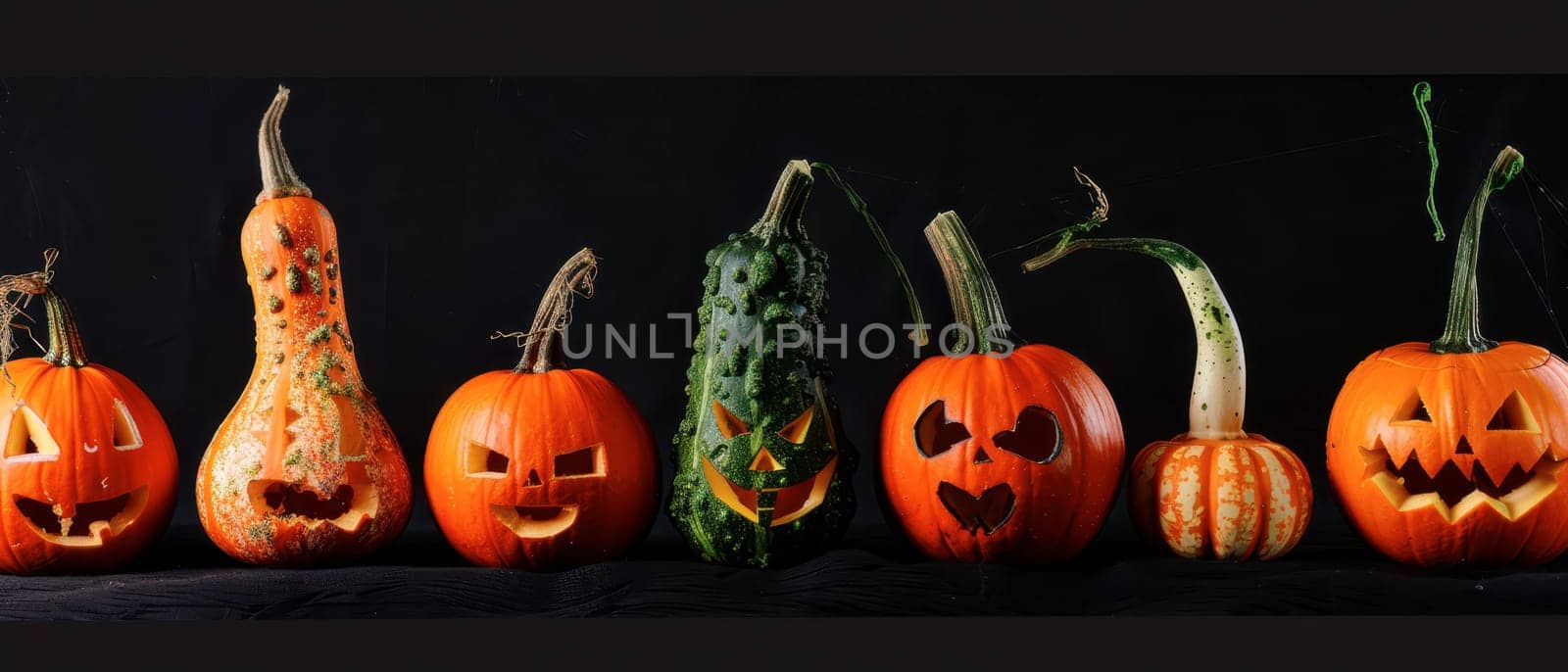 A collection of creatively carved pumpkins and gourds arranged against a dark background, showcasing various spooky and funny expressions.