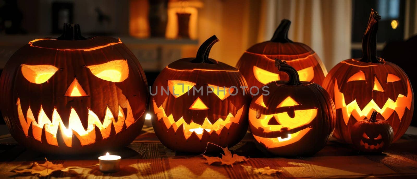 A collection of creatively carved pumpkins with glowing faces, illuminated by candles, set in a cozy indoor space, evoking a festive Halloween atmosphere.