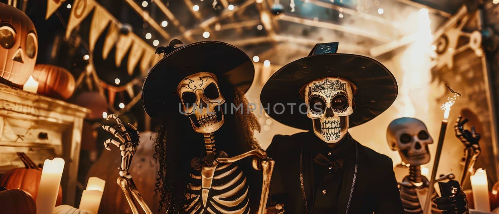 Two skeleton figures pose together at a lively Halloween gathering, surrounded by decorations and candles.
