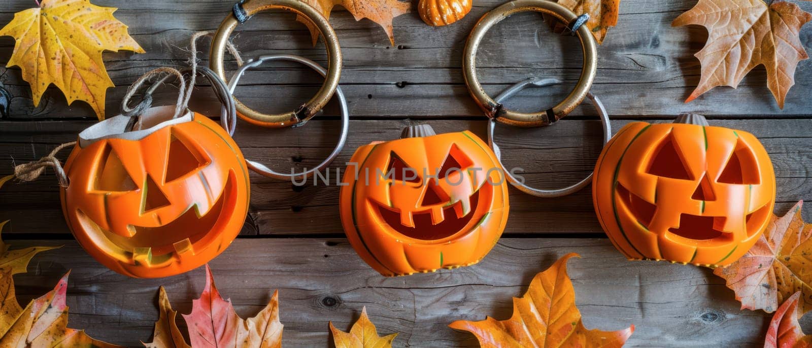 Three smiling carved pumpkins are placed on a wooden table surrounded by colorful autumn leaves.