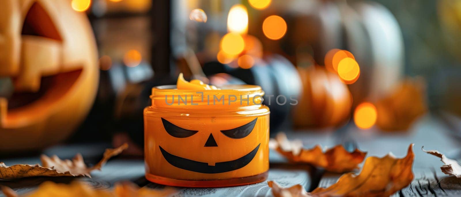 A pumpkin face candle sits among autumn leaves and glowing lights, creating a festive atmosphere for Halloween celebration.