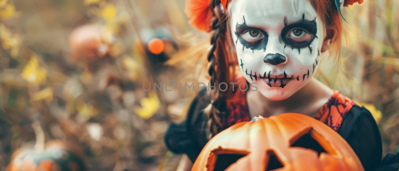 A child with face paint and a bright orange pumpkin poses in a festive autumn setting filled with decorations.