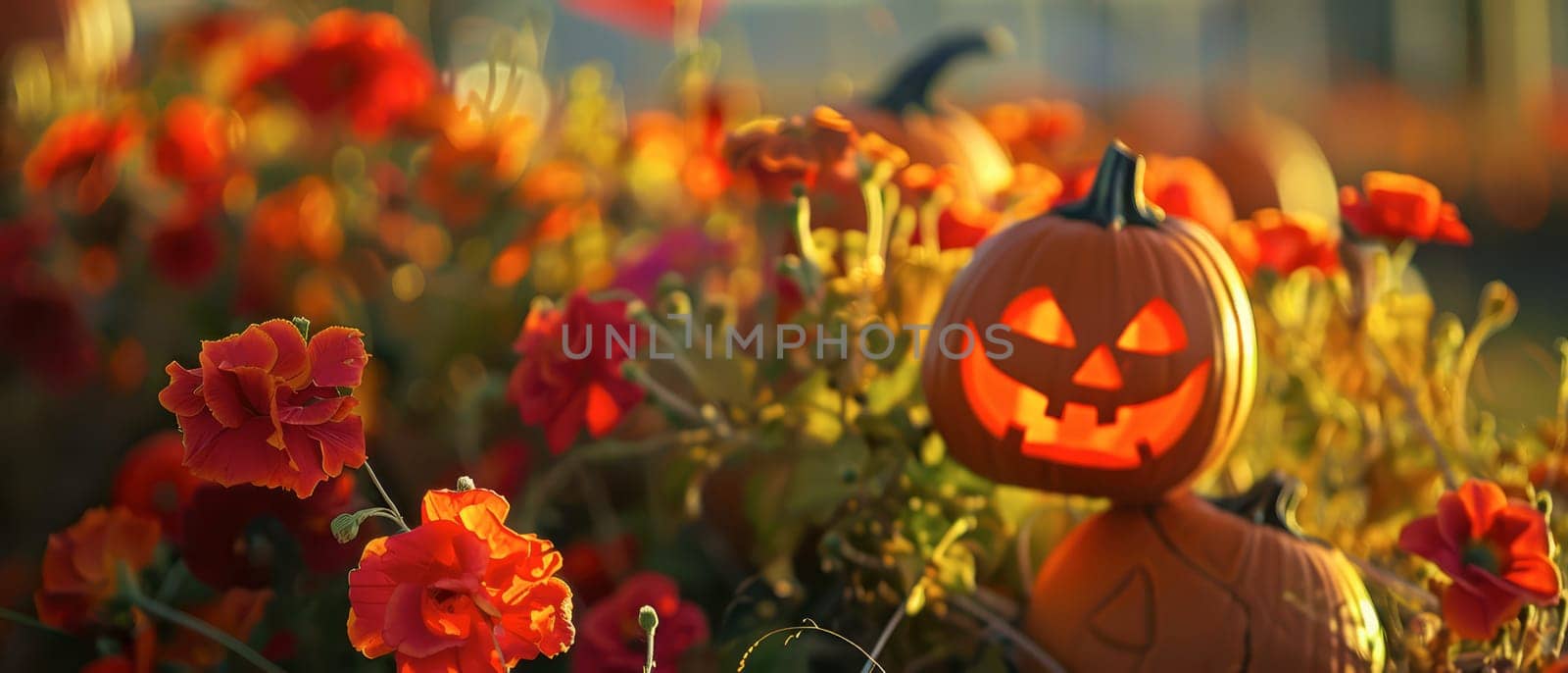 A carved pumpkin with a smiling face is surrounded by colorful flowers, capturing the essence of Halloween in a warm, autumn light.