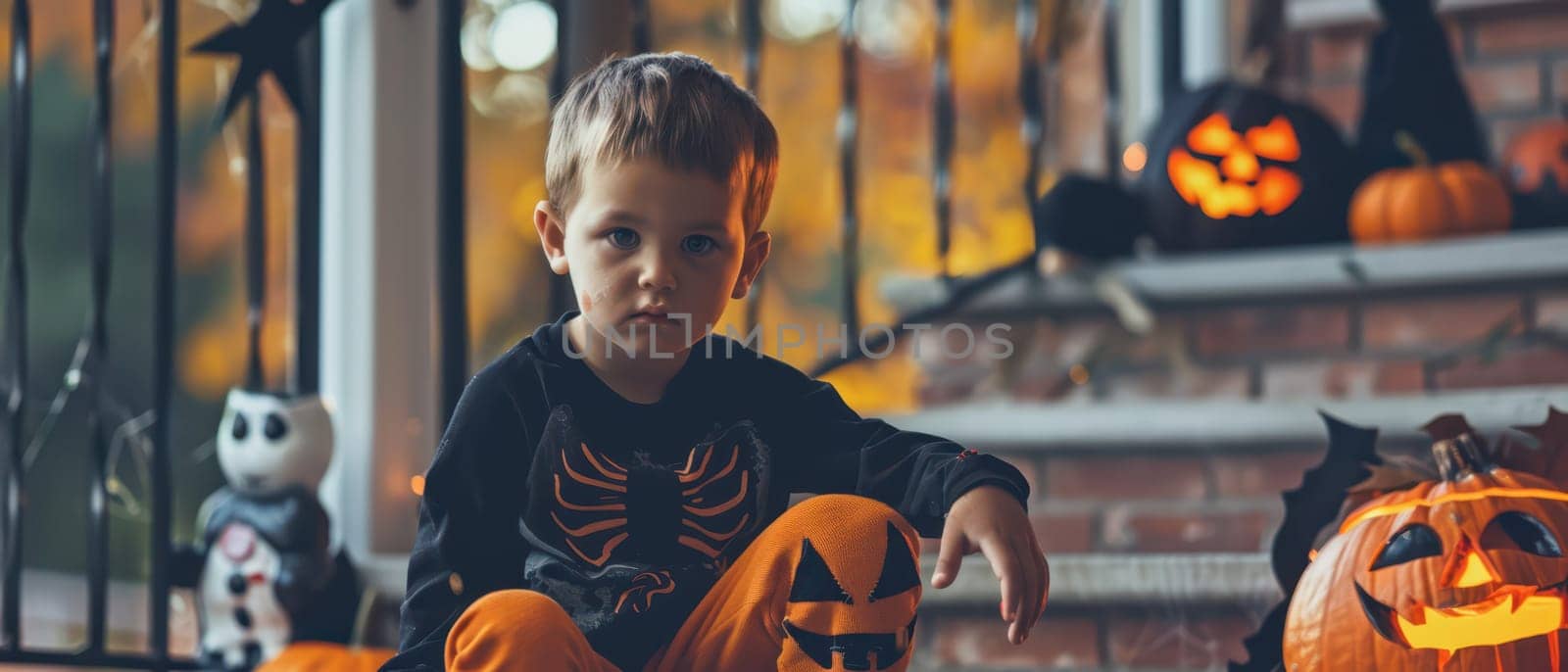 A young boy in Halloween attire sits on steps surrounded by glowing carved pumpkins and festive decorations.