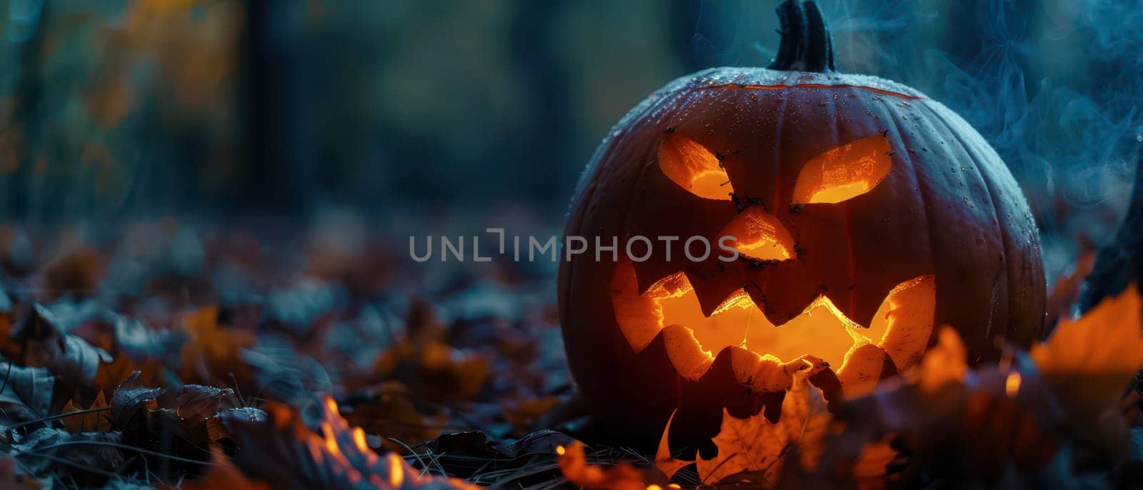 A carved pumpkin with a menacing grin illuminates the forest floor, surrounded by fallen leaves on a crisp Halloween evening.