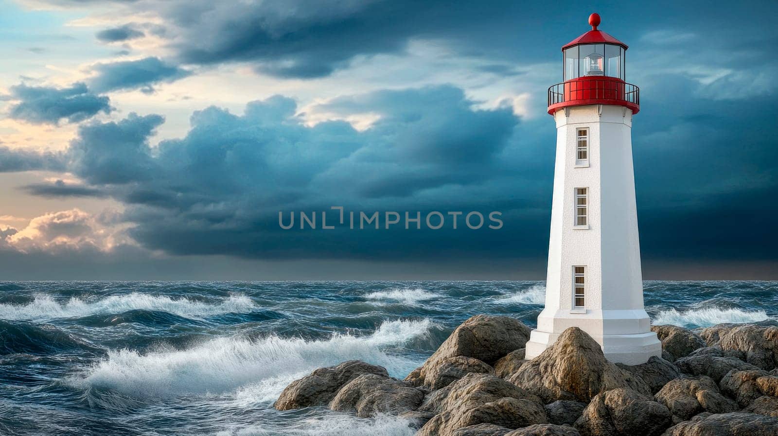 A white lighthouse on rocks in the rough sea under a dark stormy sky. AI generated