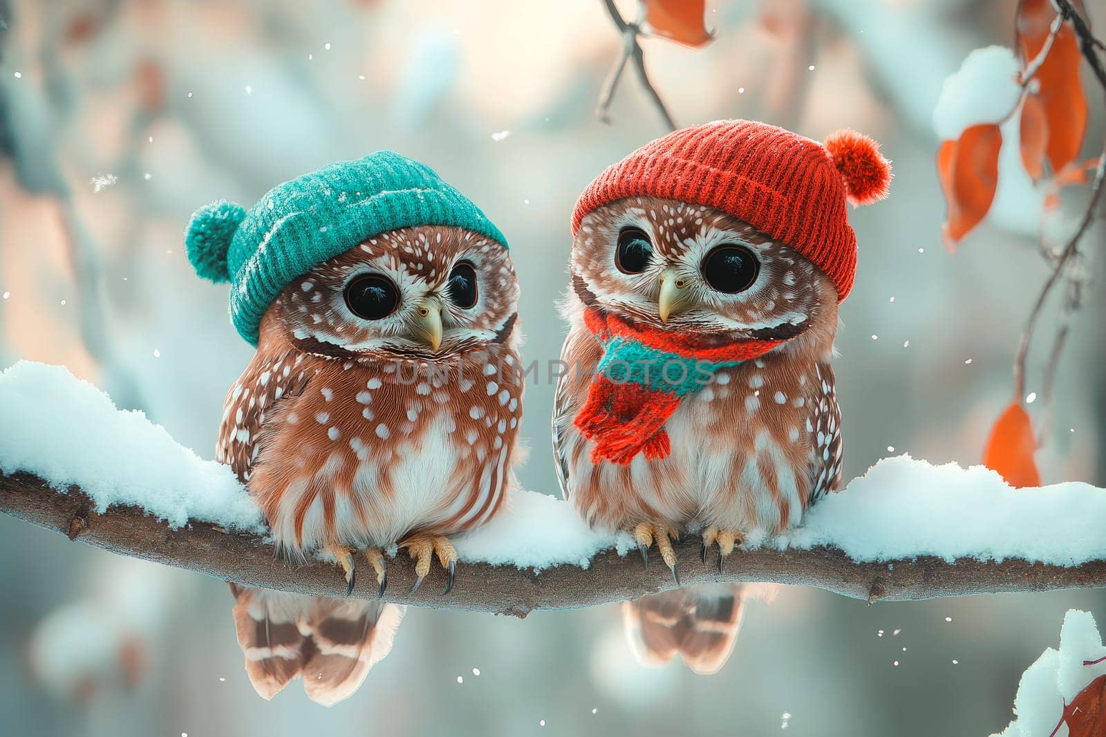 Couple of very cute owls in winter, dressed with a hats and scarfs, sitting together on snowy tree branches. AI generated