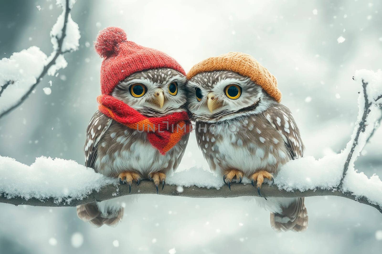 Couple of very cute owls in winter, dressed with a hats and scarfs, sitting together on snowy tree branches. AI generated