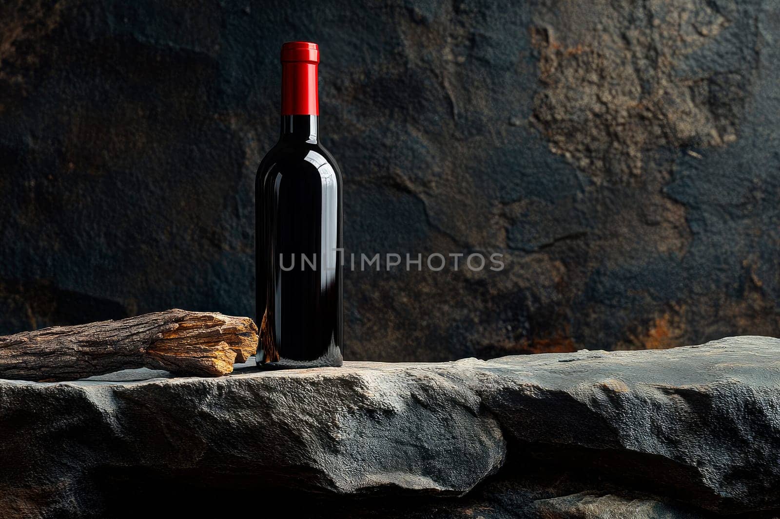 A bottle of red wine is placed on a rock, copy space. AI generated
