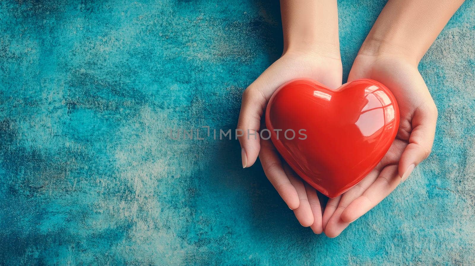 A human hands holding a glossy red heart , representing support for heart disease awareness and the importance of health care.Top view,  copy space. AI generated