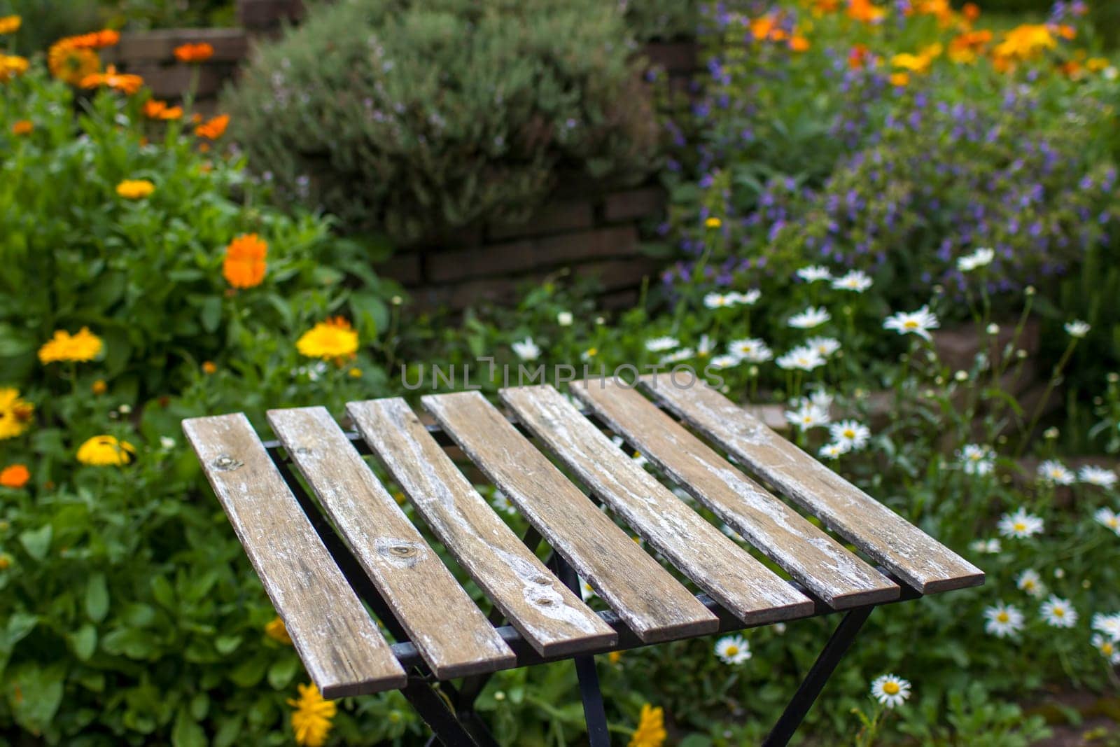 old table against blurred floral background - wild garden