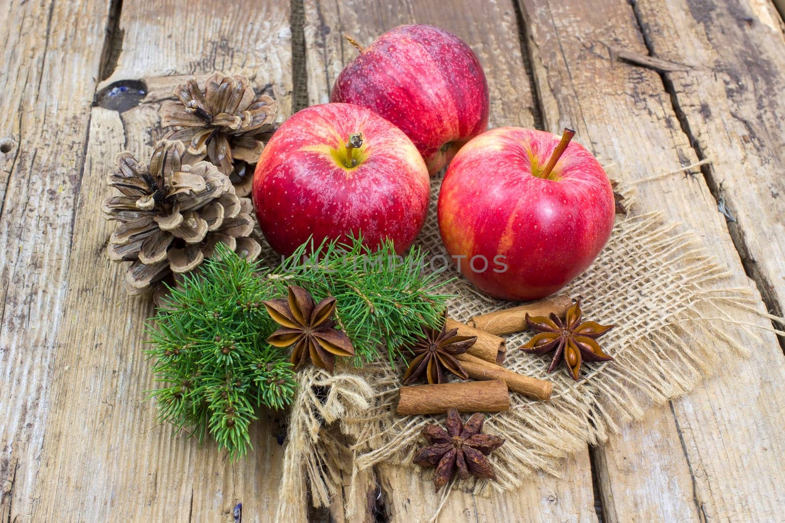 fresh apples, cinnamon sticks and star anise spices - christmas time