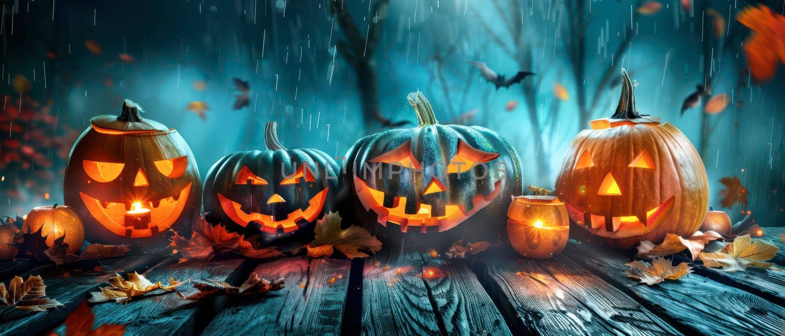 Colorfully illuminated pumpkins with faces are displayed on a wooden surface, while rain falls and leaves swirl around in a spooky Halloween atmosphere.