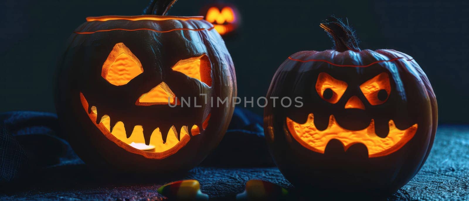 Two carved pumpkins glow in the dark, showcasing spooky faces for Halloween, surrounded by candy.
