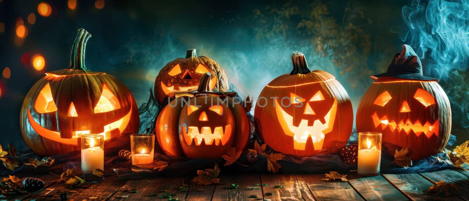 Glowing jack-o'-lanterns with various facial expressions are arranged on a wooden table, surrounded by autumn leaves and flickering candles.