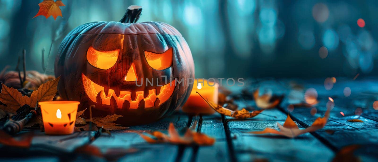 A carved pumpkin with a menacing face illuminates a dark setting, surrounded by fallen leaves and flickering candles, capturing the essence of a Halloween night.