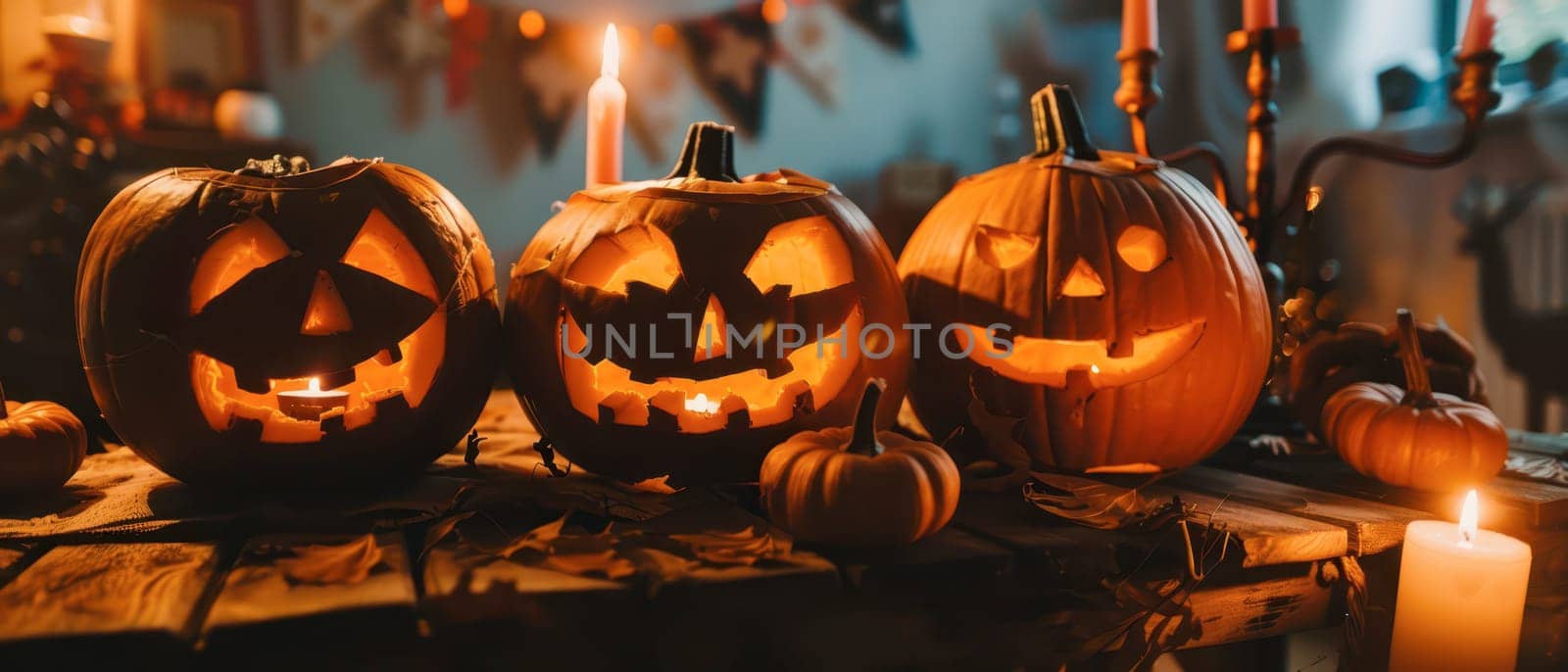 Three intricately carved pumpkins glow with candlelight, surrounded by smaller pumpkins and autumn leaves, creating a festive Halloween atmosphere.