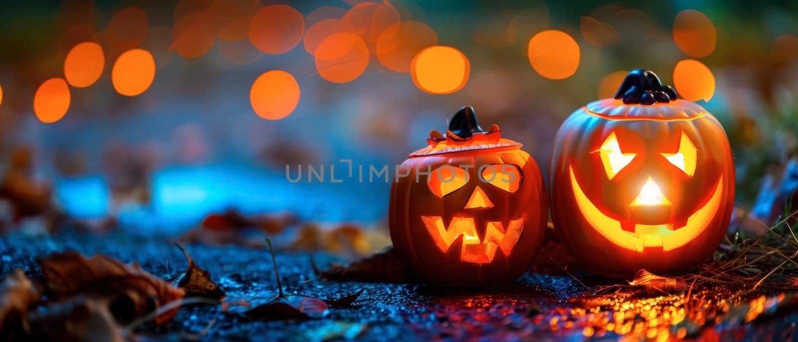 Two carved pumpkins emit a warm glow, surrounded by fallen leaves, as bokeh lights twinkle in the background during a chilly autumn evening.