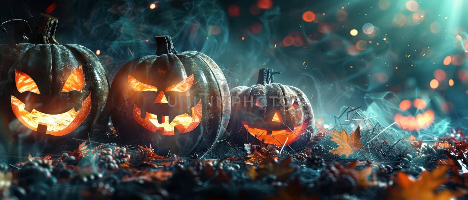 Three carved pumpkins emit a warm glow, surrounded by fallen autumn leaves and a misty atmosphere on a dark night.