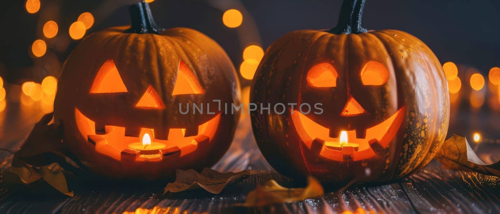 Two jack-o'-lanterns illuminate the darkness with warm candlelight, surrounded by autumn leaves and a backdrop of festive lights.