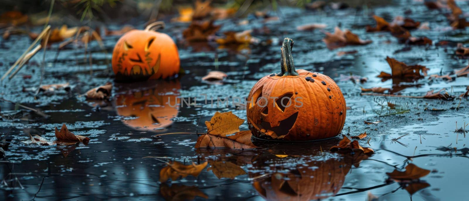 Two carved pumpkins float in a murky pond, surrounded by fallen autumn leaves, creating an eerie Halloween atmosphere.