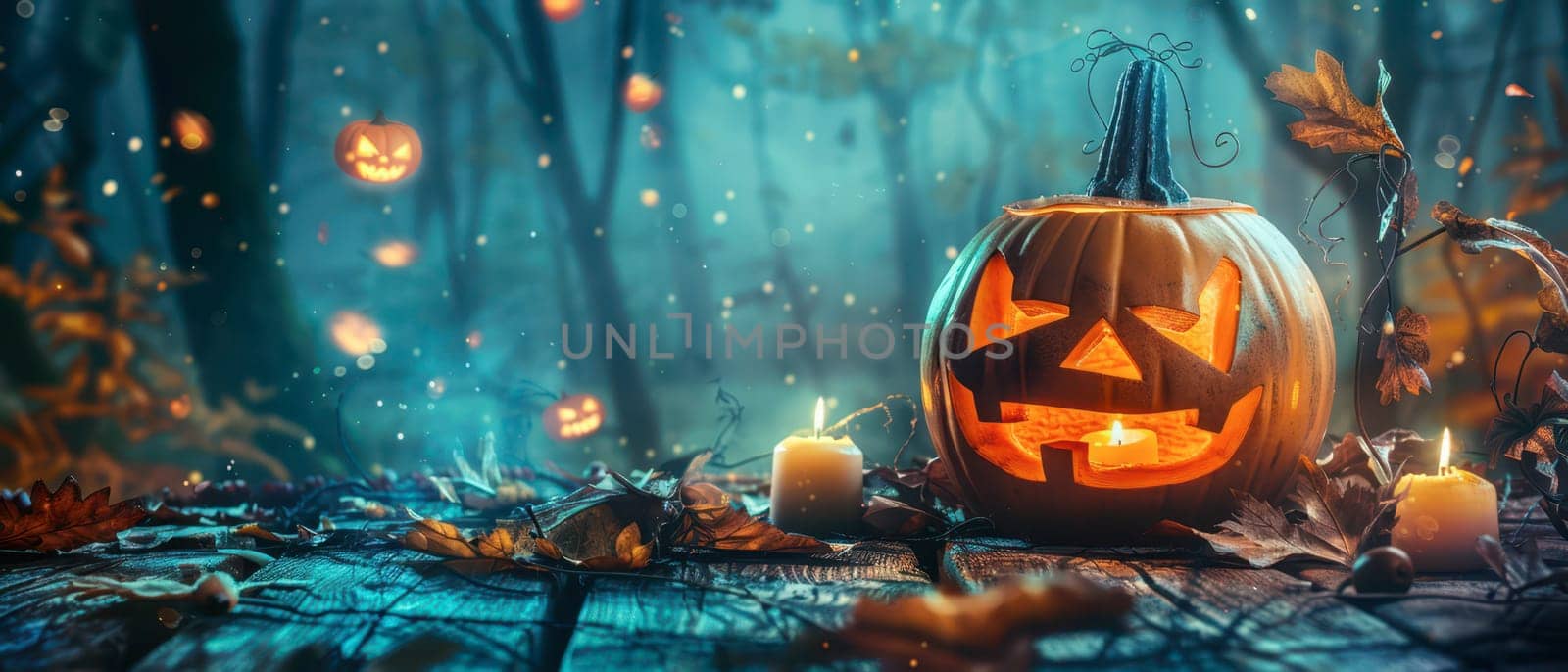 A carved pumpkin with a mischievous grin emits a warm glow, surrounded by candles and autumn leaves in a mysterious, fog-laden forest.