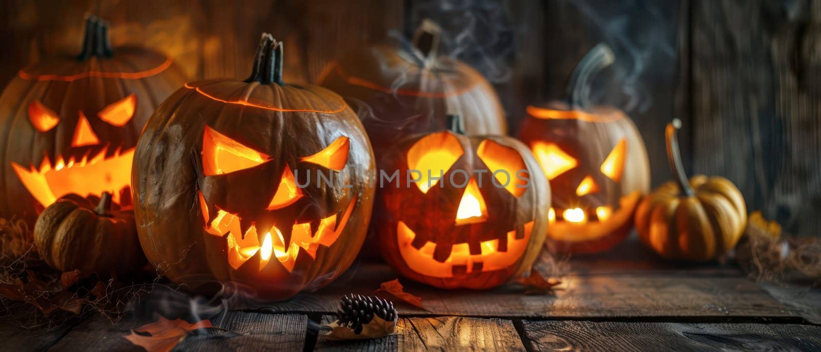 Jack-o'-lanterns with glowing faces are arranged on a rustic wooden table, creating a festive Halloween atmosphere with smoke and autumn decor.