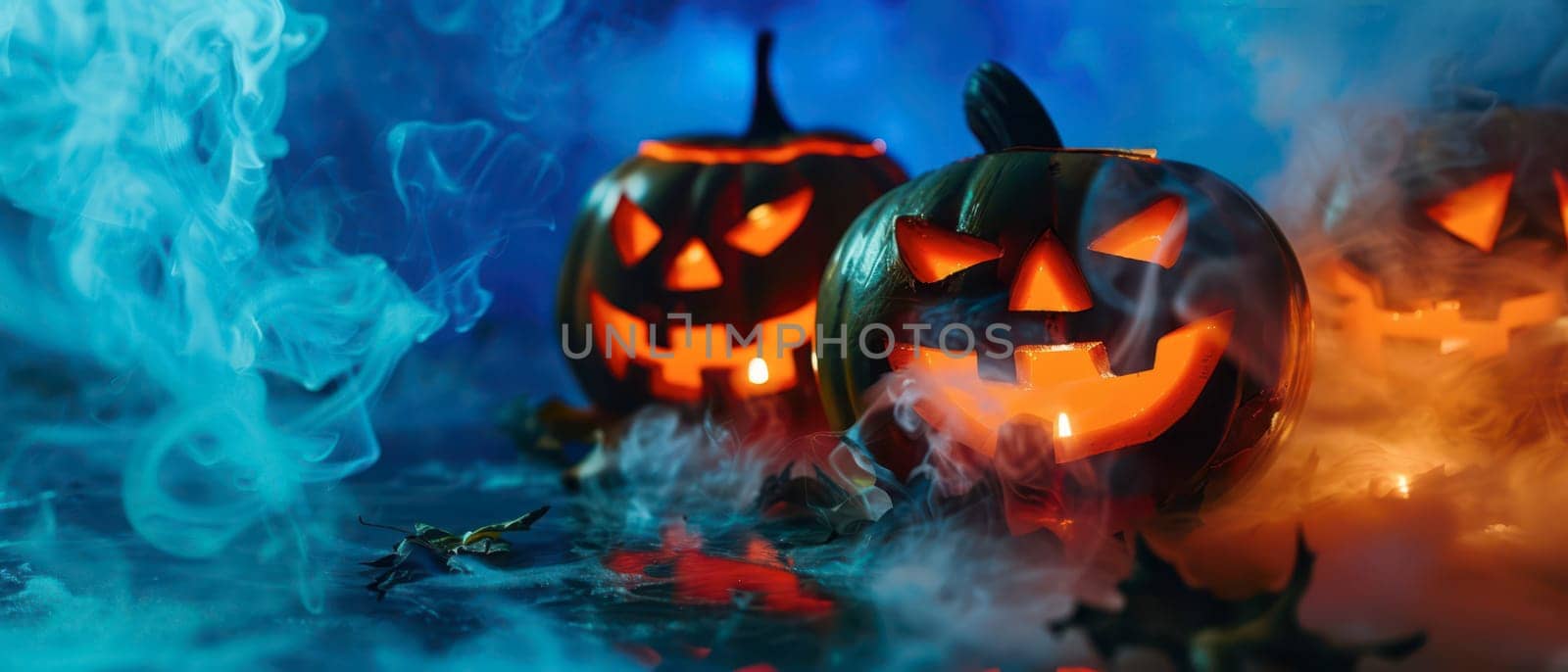 Three jack-o'-lanterns emit a warm glow, surrounded by colorful smoke, capturing the essence of Halloween festivities.