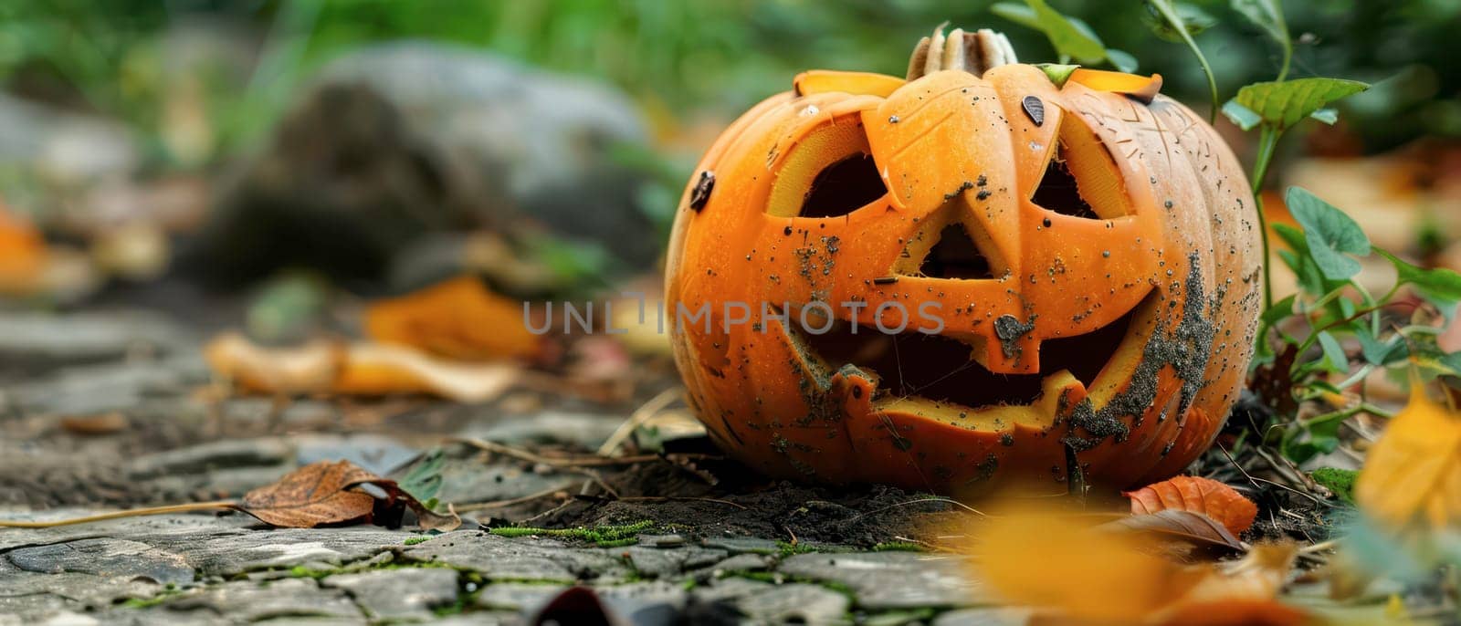 A carved pumpkin with a cheerful expression rests on a stone path surrounded by autumn leaves and greenery.